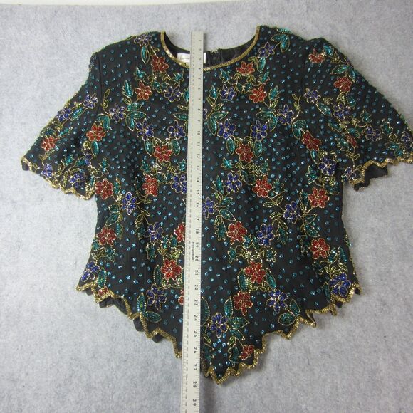 Lawrence Kazar Top Adult Women Beaded Floral  Short Sleeve Blouse Silk 2X Plus - Picture 9 of 16